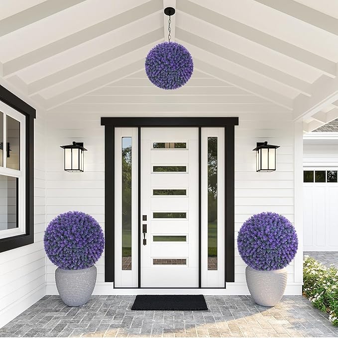 2 PCS 16 Inch Artificial Plant Purple Topiary Ball, Anti-Fading Faux Decorative Boxwood Balls, Hanging Fake Plants Balls for Garden, Wedding Party, Patio Indoor Outdoor Decor (Blue)