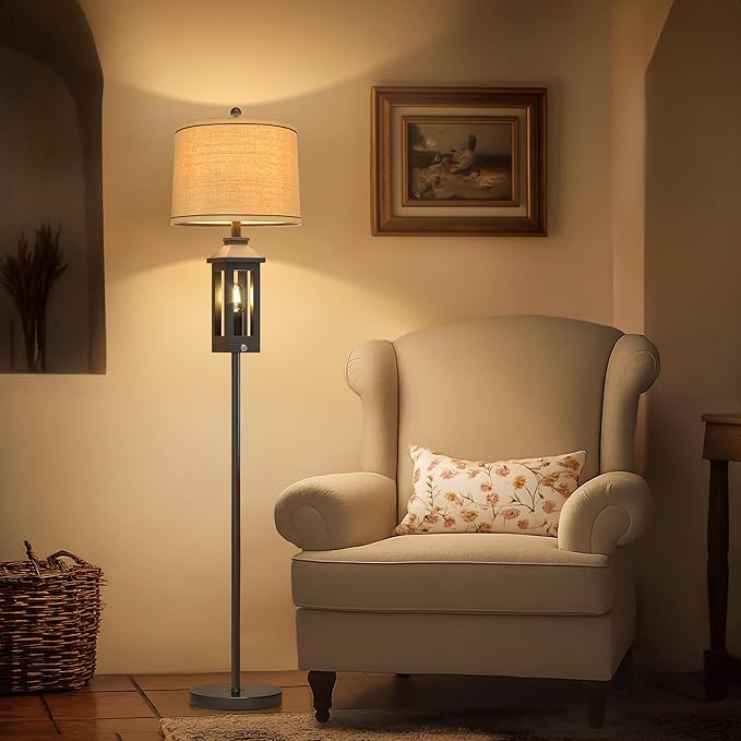 63" Floor Lamps for Living Room Bedside Nightstand Lamp All Black Tall Standing Lamp for Home Decor Bedroom Reading Lamp Farmhouse Rustic Bed Lights with 2 Light Sources (2 Bulbs)