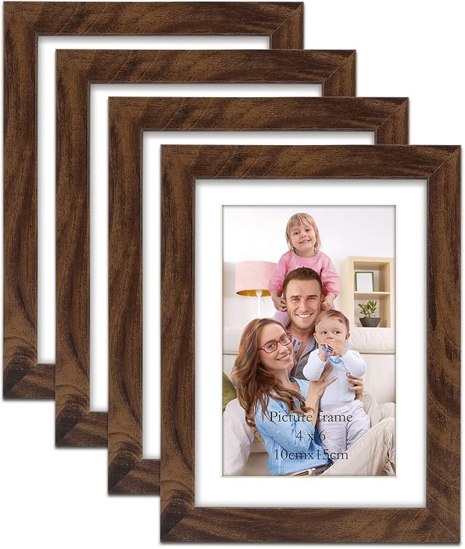 Giftgarden Brown 4x6 Picture Frame Set of 4, 5x7 Frame Matted to 4x6 Photo Rustic Walnut Frames with Mat for Wall or Tabletop Display