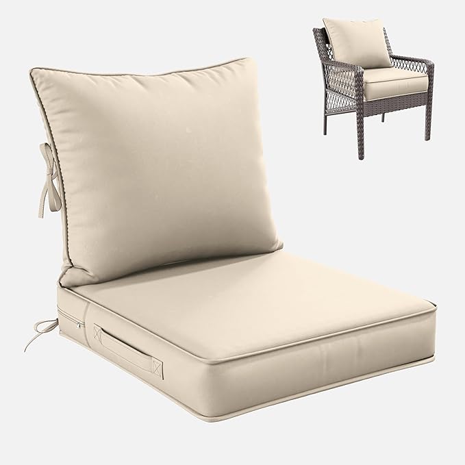 Premium Outdoor Seat Cushion Chair Cushions for Patio Furniture 22 L X 24 W X 4 H Waterproof & Fade Resistant Deep Seat and Backrest Cushion Set with Removable Covers for Chair, Sofa
