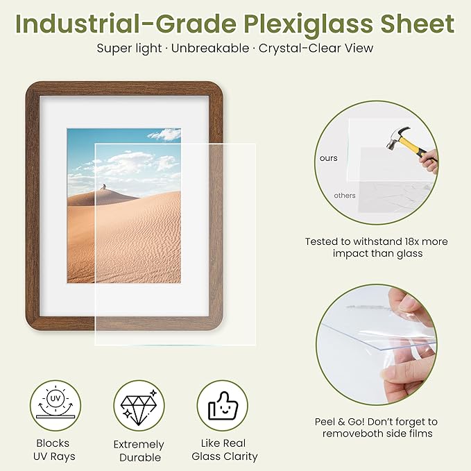 8.5x11 Round Corner Picture Frame, Solid Oak Wood Frame Matted For 6x8 With Plexiglass, Hanging Hardware Included For Tabletop Or Wall Display Frame, Walnut, 1 Pack