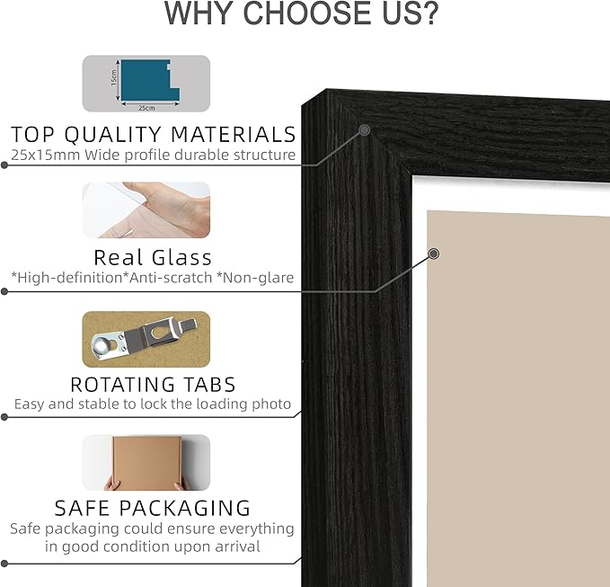 11x14 Picture Frame Set of 2, Made of Made of Glass and Rustic Black Wooden Frame, Display 8x10 Pictures with Mat or 11 x 14 Posters without Mat for Wall Mounting, Gallery Photo Frames