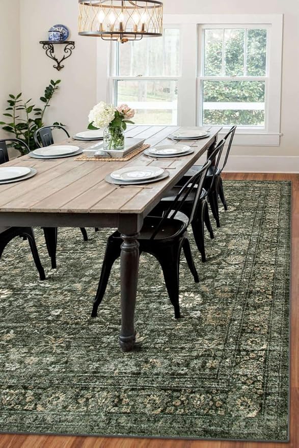 Morebes Vintage Dark Green Living Room Rug, 9x12 Area Rug Large Washable Rugs for Bedroom, Soft Dining Room Carpet Non-Slip Non-Shedding Throw Rug for Farmhouse Indoor Kids Playroom