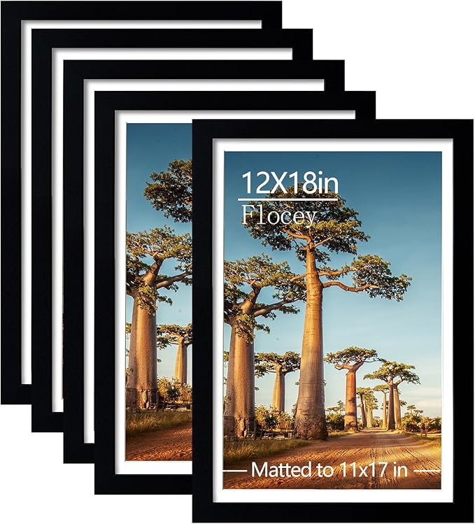 12x18 Picture Frame Set of 5, Black Poster Frame, Display Pictures 11 x 17 with Mat or 12 x 18 Without Mat for Horizontal or Vertical Wall Mounting, Wall Gallery Frame