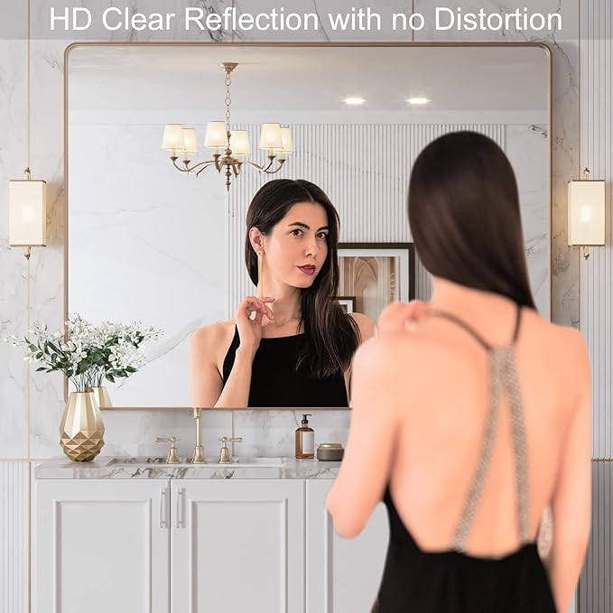 LOAAO 48”X36” Gold Bathroom Mirror, Rounded Rectangle Gold Frame Mirror, Brushed Gold Bathroom Vanity Mirror Wall-Mounted, Anti-Rust, Tempered Glass, Hangs Horizontally or Vertically