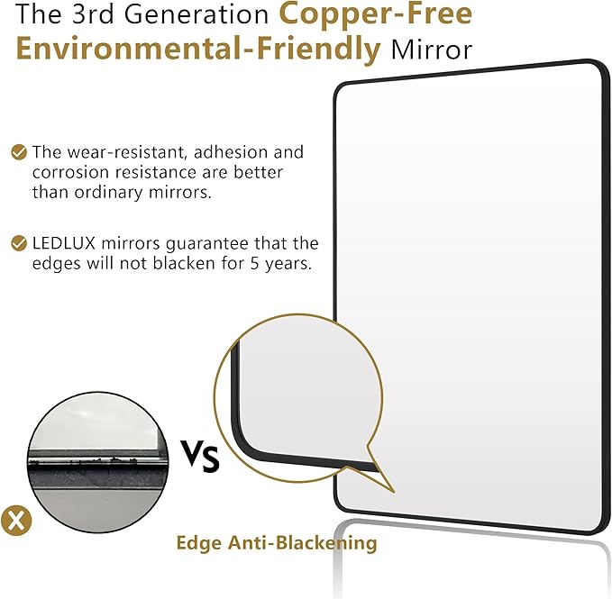 30"x36" Bathroom Wall Mirror with Matte Black Metal Frame & HD Glass, Copper-Free Mirrors Modern Rectangle Round Corner Framed Vanity Mirror - Horizontal or Vertical Installation