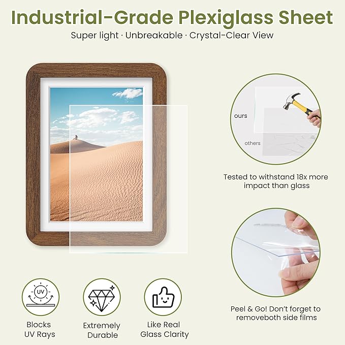 6x8 Round Corner Picture Frame, Solid Oak Wood Frame With Mat For 5x7 And Plexiglass, Includes Hanging Hardware For Wall Or Tabletop Photo Frame, Walnut, 3 Pack