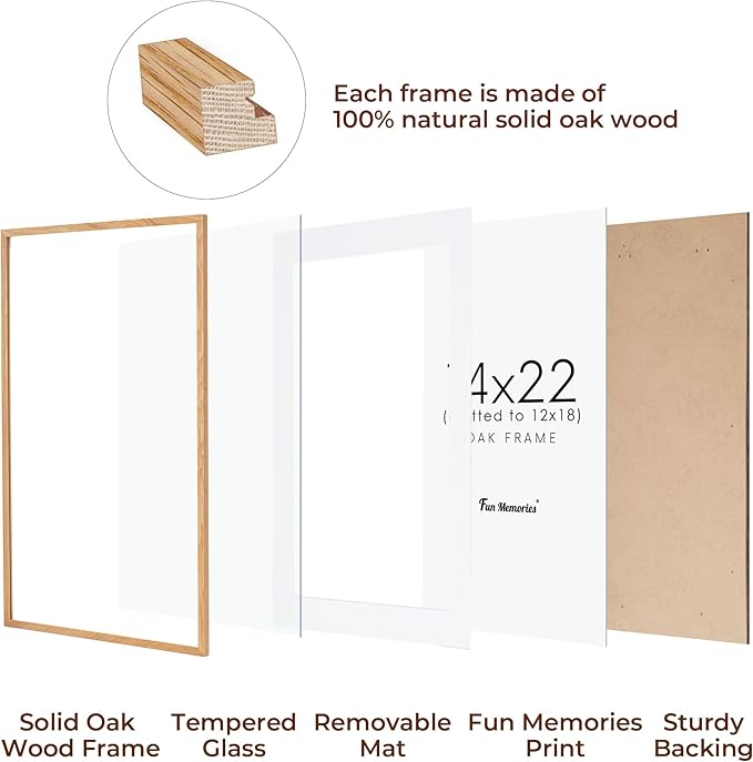 14x22 Oak Wood Picture Frame, 14"x22" Picture Frame Matted to 12"x18", Photo Frame 14 x 22 with Real Glass, 14x22 Wood Frame for Vertical or Horizontal Hanging (Natural Oak Color, 1 Pack)