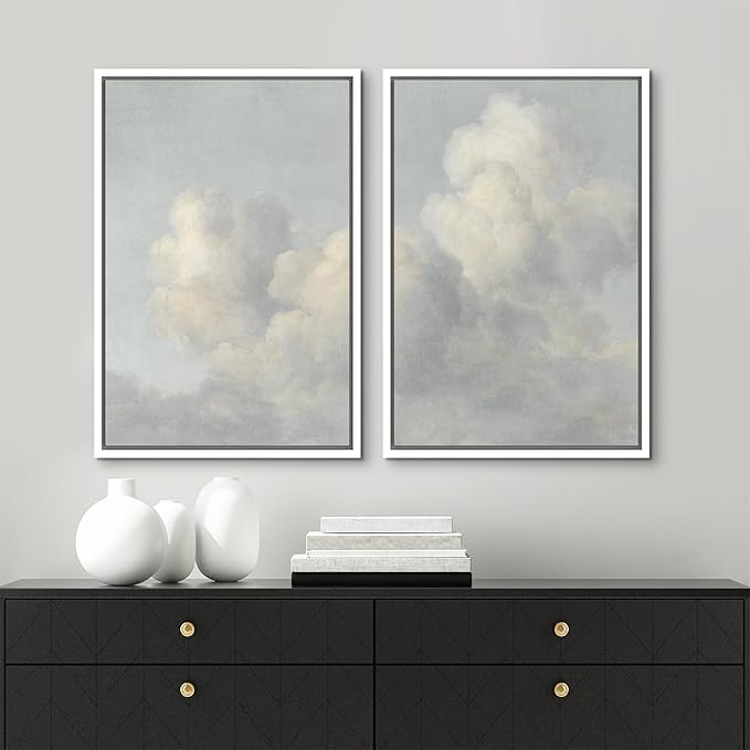 MUDECOR Framed Wall Art Print Set Elegant Cloudscape Vintage Soft Sky Illustrations Modern Minimalist Chic for Living Room, Bedroom, Office - 16"x24"x2 White