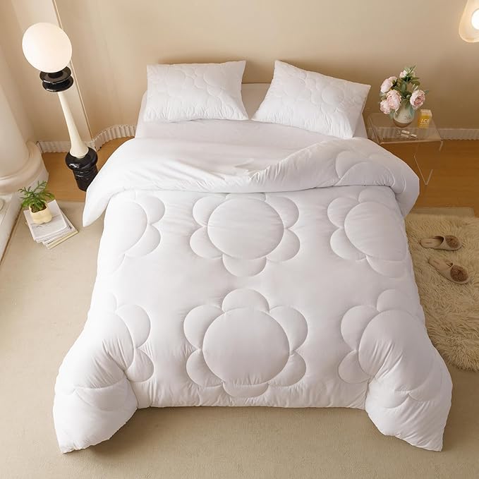 Luxlovery White Boho Comforter Set Full Women Girls White Sunflower Quilts Farmhouse Floral Bedding Quilted Set Elegant Vintage Retro Soft Bohemian 3 Piece Comforter