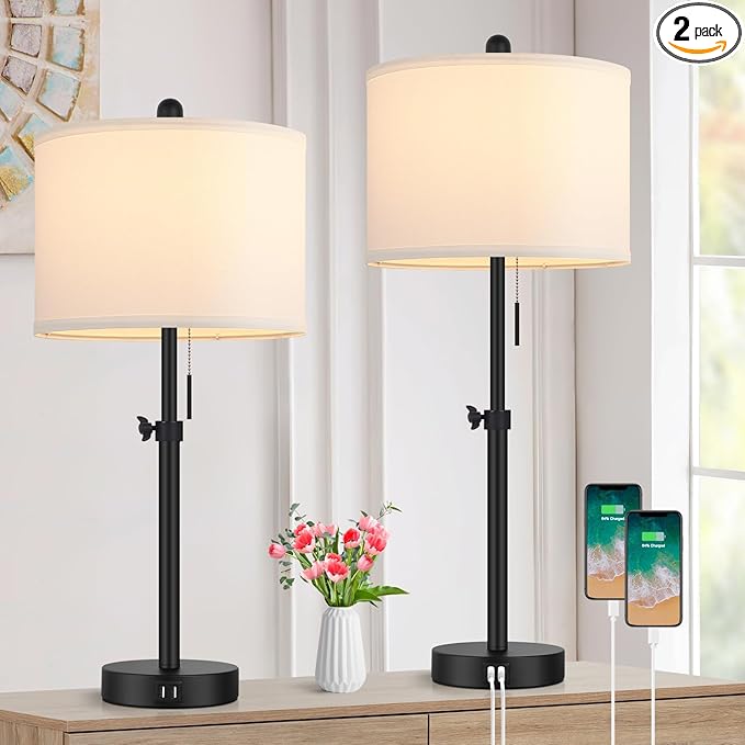 Table Lamp for Bedroom Set of 2, 23" to 30" Height Adjustable Bedside Lamp with 2 USB Ports, Black Nightstand Lamp with White Shade, Modern Pull Chain Table Lamp for Living Room End Table