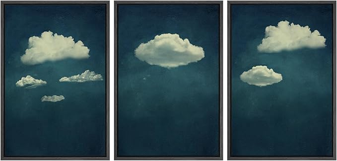 SIGNWIN 3 Piece Framed Canvas Wall Art A Series of White Clouds in The Blue Sky Nature Wilderness Illustrations Abstract Traditional Home Artwork Decoration for Living Room,Bedroom - 16"x24"x3 Black