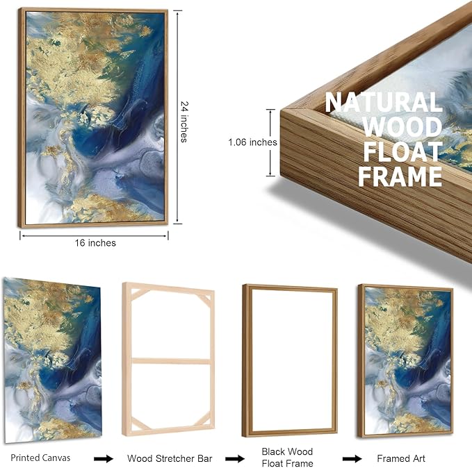 Large Abstract Framed Wall Art - Natural Float Framed Colorful Canvas Pictures Decor Blue Gold White Background Modern Artwork for Bedroom Living Room Kitchen Home Office Decoration 48" X 24" Set of 3