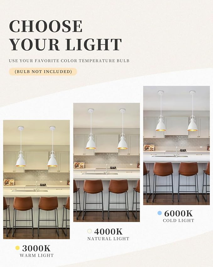 White Pendant Lights Kitchen Island 3 Pack, Vintage Pendant Light, 6.5’’ Farmhouse Pendant Light Fixtures, Adjustable Height, Pendant Lighting for Dining Room, Living Room, Sink, Bar
