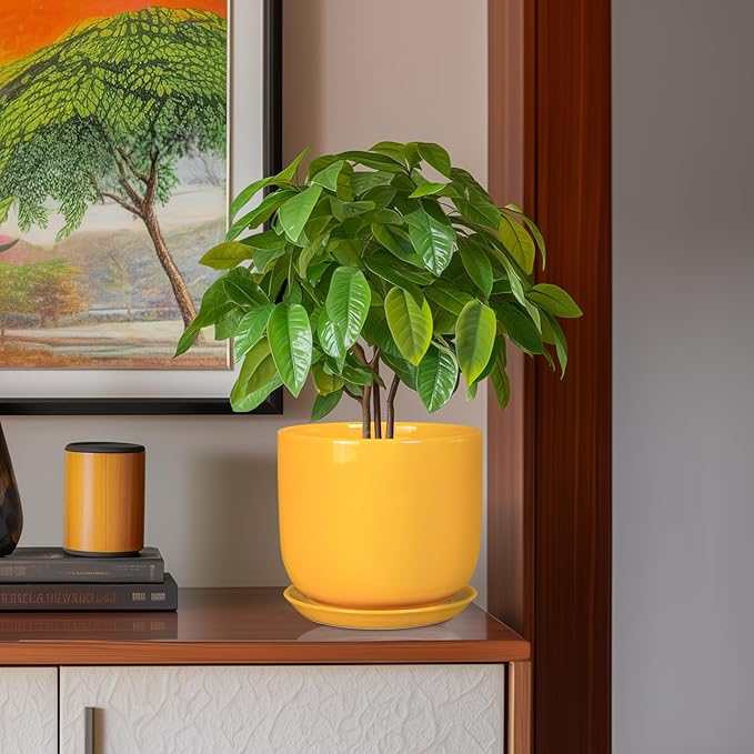 Ceramic Plant Pot 8 Inch - Decorative Modern Round Indoor Planter for Plants Flowers with Drainage Hole and Saucer, House Desk Office Home Decor, Yellow