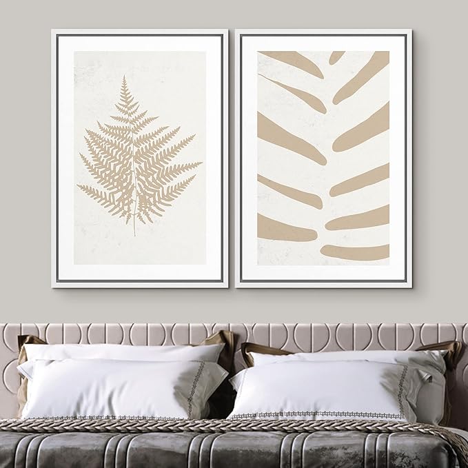 SIGNWIN Framed Canvas Print Wall Art Set Tan White Forest Plant Silhouettes Nature Wilderness Illustrations Modern Art Rustic Closeup Minimal for Living Room, Bedroom, Office - 24"x36"x2 White