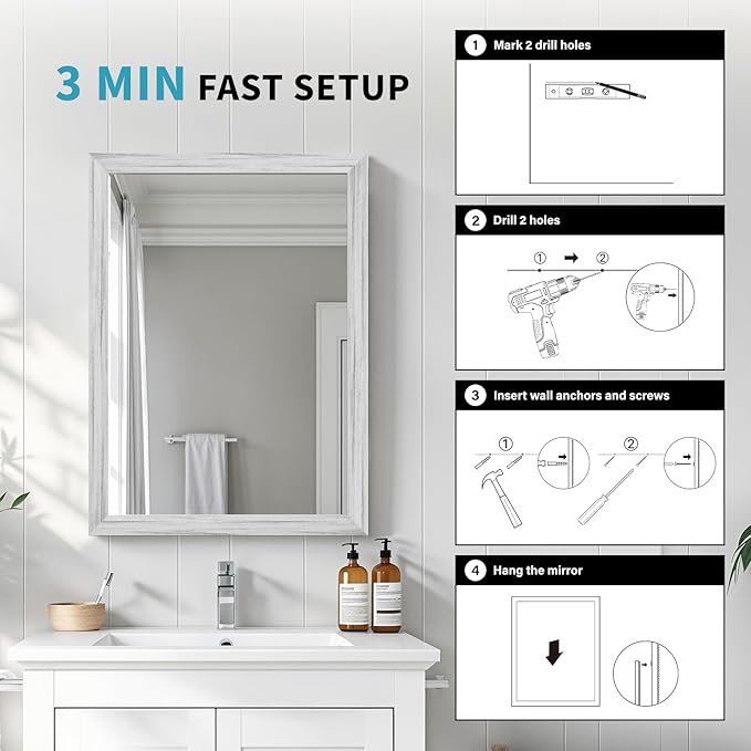 White Wood Effect Framed Wall Mirror, 16x20 Rectangle Mirror, 1/8" Anti-desilvering Tempered Glass, Sustainable& Sturdy Frame, Anti-Rust, HD Reflection &3min Fast Setup for Bathroom Living Room