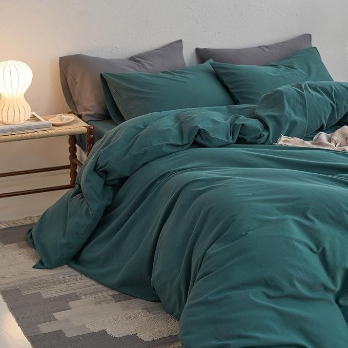 MooMee Queen Duvet Cover Set, 100% Washed Cotton Linen Like Twill Thick Sturdy Material Super Soft Breathable Durable Bedding for All Season, 3 Pieces (Green, Queen 90"x90")