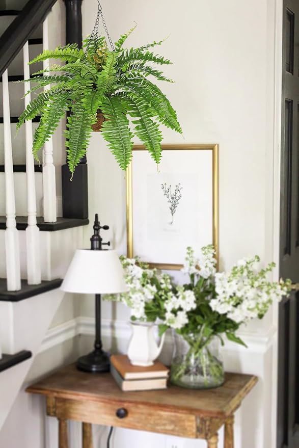 Fake Hanging Plants Large Boston Fern Artificial Plants Outdoor Realistic Fake Ferns with Palm Basket Silk Plants Ferns Hanging Plant Artificial Decor for Home Front Porch Window Garden - Green