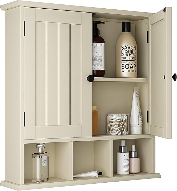 ChooChoo Bathroom Cabinet Wall Mounted 2-Door with 3 Open Shelves， Wooden Medicine Cabinets with Adjustable Shelf，Space Saver Storage Cabinets Over The Toilet for Bathroom&Living Room,Yellow