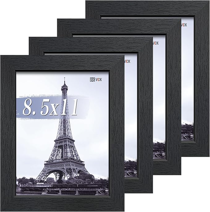 VCK 8.5x11 Picture Frame Set of 4 - Black, Gallery-Quality Wood Poster Frames, 1.1-Inch Wide Border, Polished Plexiglass, Vertical or Horizontal Wall & Tabletop Display for Photo/Art/Prints, Black