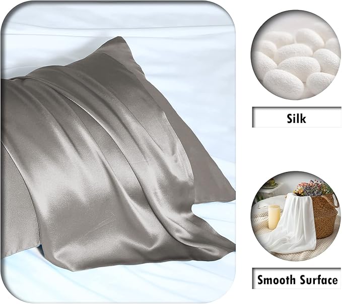 Natural Mulberry Silk Pillowcase with Hidden Zipper for Hair and Skin Standard Size 20"X 26" Soft Breathable Smooth Cooling Pillow Covers for Sleeping(Gray,1Pcs)