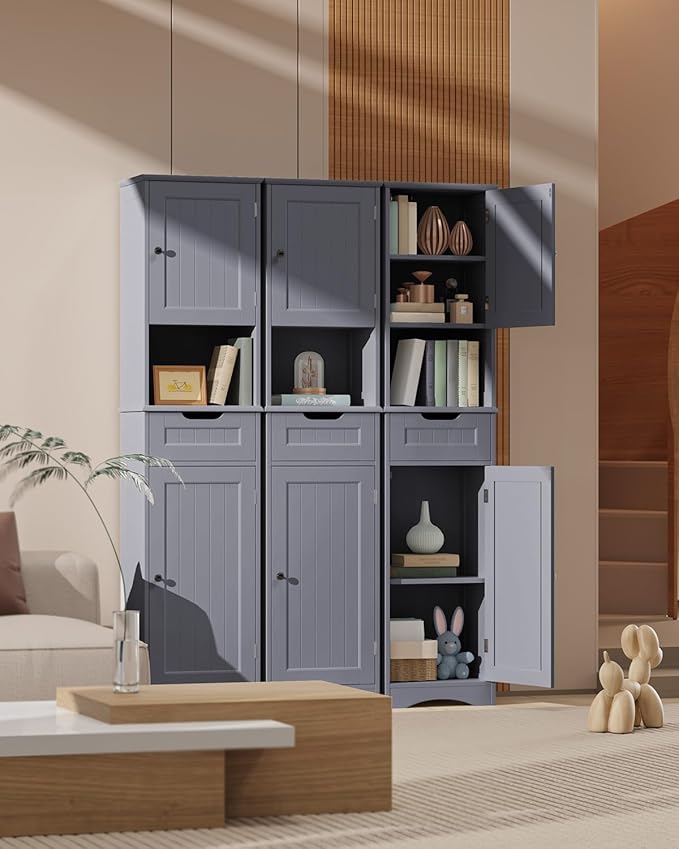 Gizoon 67" H Tall Bathroom Cabinet, Storage Cabinet with 2 Doors & Drawer, Narrow Linen Tower Freestanding Adjustable Shelves for Home, Kitchen, Versatile, Anti-Tipping, Grey