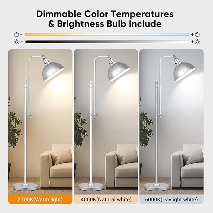 PARTPHONER Industrial Floor Lamp Adjustable, Farmhouse Reading Lamp in Silver Finish Modern Standing Lamp with Remote Control Metal Shade for Living Room Bedroom Study Room Office Hotel
