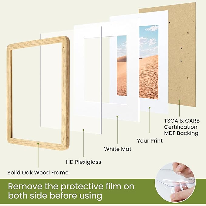 8.5x11 Round Corner Picture Frame, Solid Oak Wood Frame Matted For 6x8 With Plexiglass, Hanging Hardware Included For Tabletop Or Wall Display Frame, Natural Oak, 3 Pack