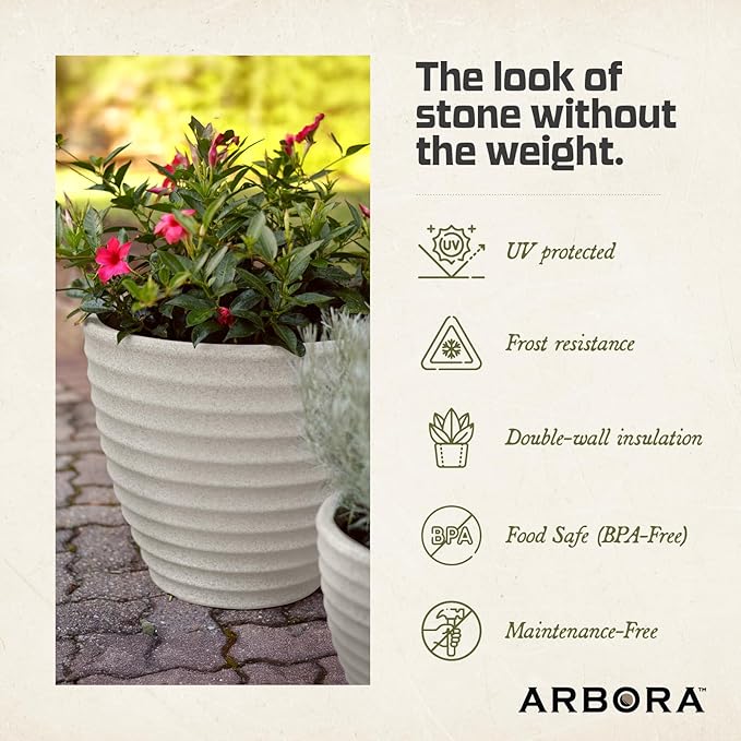 ARBORA 13" Ibiza Polyresin Indoor and Outdoor Planter with Classic Cream Finish - Durable, Weatherproof, Lightweight, Large Plant Pot for Patio, Garden, Deck, Entryway - 2 Pack