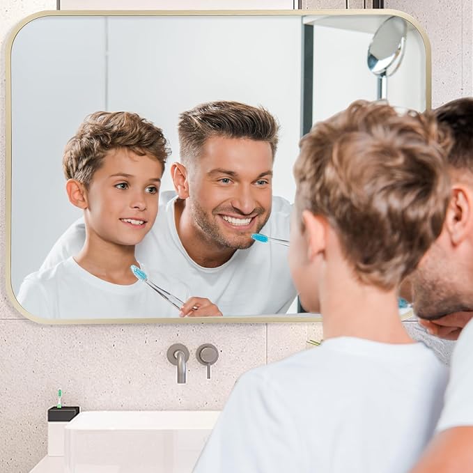 Gold Mirror, 24x36 Inch Framed Rectangle Mirror with Rounded Corner, Brushed Brass Mirror, Gold Bathroom Mirror for Over Sink, Vanity, Living Room, Bedroom, Horizontal/Vertical