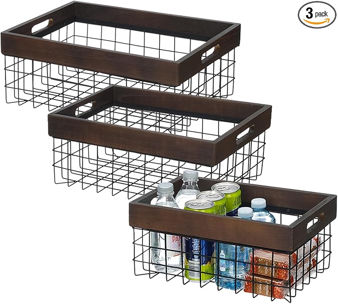 Set of 3 Metal Wire Baskets for Organizing Wood Top with Handles Storage Organizer Farmhouse Decor for Kitchen Cabinets Pantry Laundry Room Bathroom Closets Nesting Countertop Baskets