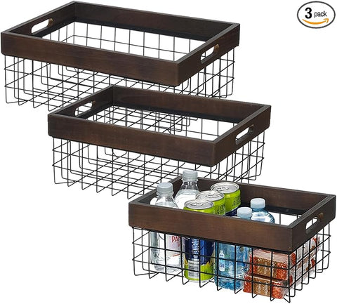 Set of 3 Metal Wire Baskets for Organizing Wood Top with Handles Storage Organizer Farmhouse Decor for Kitchen Cabinets Pantry Laundry Room Bathroom Closets Nesting Countertop Baskets