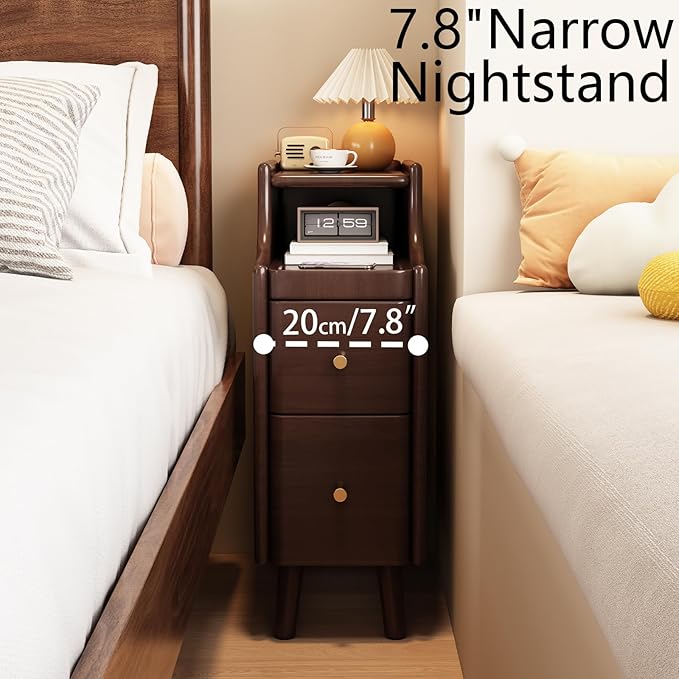 Narrow Nightstand with Drawers, Solid Wood Side Tables with Pull-Out Tray, Mid Century Modern Slim nightstand, Small Spaces Bedside Table, Skinny nightstand for Bedroom Living Room (1)