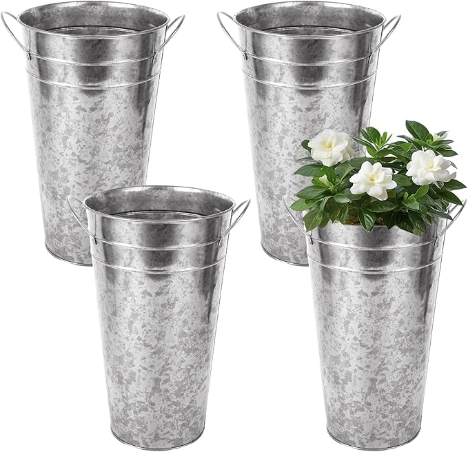 4 PCS Flower Buckets Bulk 12 Inch Galvanized Flower Bucket Metal Flower Vase with Handle, Metal Bucket Planter Floral Container for Flowers Arrangements Table Centerpiece Weddings Home (Silver)