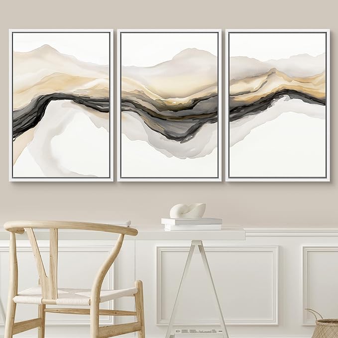 SIGNWIN Framed Canvas Print Wall Art Set Gold Gray Smoke Wave Landscape Abstract Shapes Illustrations Modern Art Decorative Contemporary Colorful for Living Room, Bedroom, Office - 24"x36"x3 White