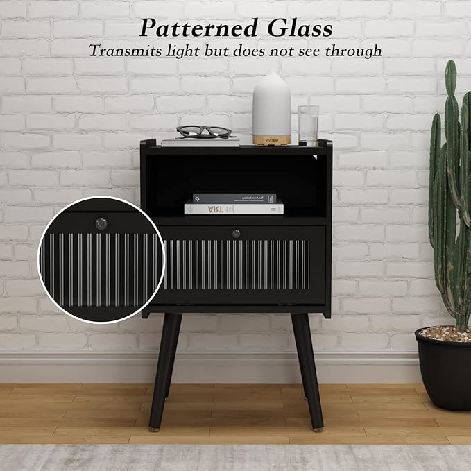 Mid Century Modern Nightstand, Side Table with Storage, Bedside Tables with Glass Door, End Table with Solid Wood Legs for Bedroom, Living Room and Small Spaces, Black