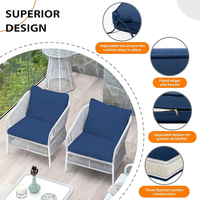 Sundale Outdoor Olefin Deep Seat Cushion, Patio Chair Cushion and Pillow, Water-Resistant Sectional Sofa Pad with Straps Dark Blue, 23 x 26 x 4 Inches
