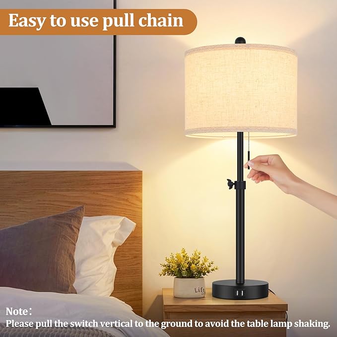 Adjustable Table Lamps for Bedroom Set of 2, 23''-30'' Height Adjusted Bedside Lamps with 2 USB Ports, Black Nightstand Lamps with Cream Linen Shade, Modern Industrial Living Room Lamp Set, Pull Chain