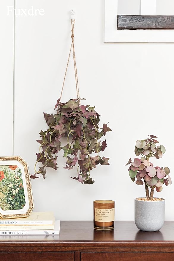 Fake Hanging Plant with Pot, 2 Pack Small Artificial Plants in Pot and Mini Faux Ivy Vines Hanging Plants for Shelves, Greenery Decor for Livingroom Room Wall Office Desk (Brown)