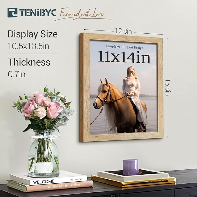 11x14 Picture Frame Set - 4 Pack, Natural Solid Wood, HD Tempered Glass, Elegant Wood Grain, Wall Gallery Photo Frame