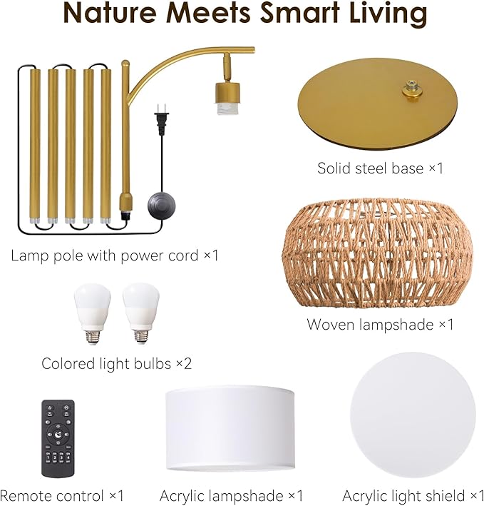 Gold Boho Rattan Floor Lamp w/Remote, Dimmable (2700K - 6000K), 2 - in - 1 Wicker & Fabric Shade, Adjustable 165-172cm for Living Room & Bedroom