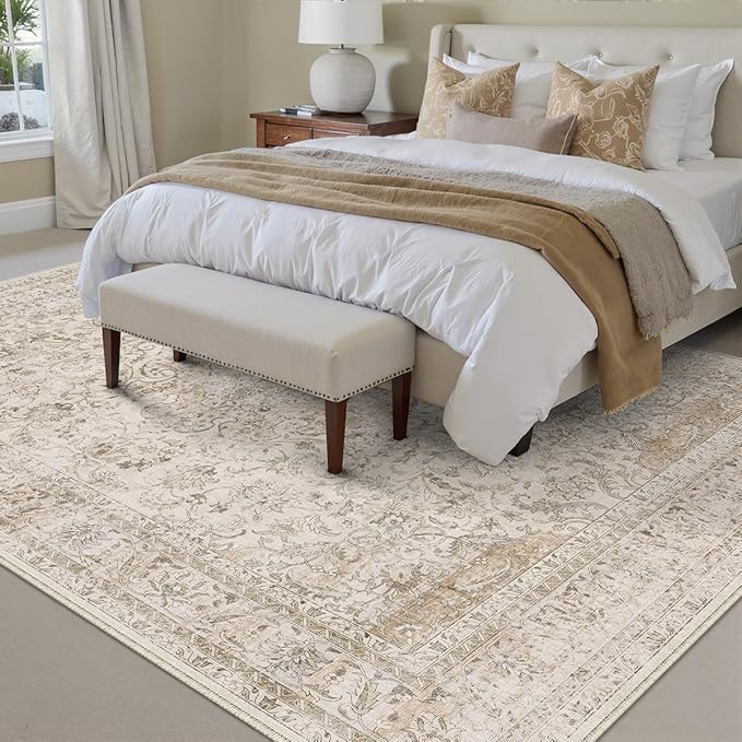 10x14 Beige Vintage Area Rug for Living Room Bedroom Large Traditional Low Pile Soft Carpet Non-Slip Thin Retro Distressed Accent Washable Throw Rug for Dining Room Office Kitchen Indoor