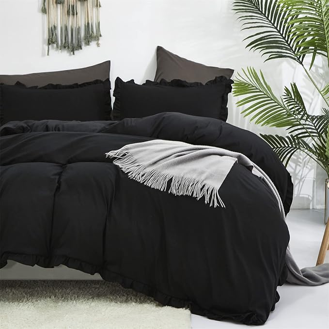 Luxlovery Black Ruffle Comforter Champagne Farmhouse Bedding - California King - Shabby Boho Taupe Blanket Quilts - All Black Color Bohemian Comforter Set