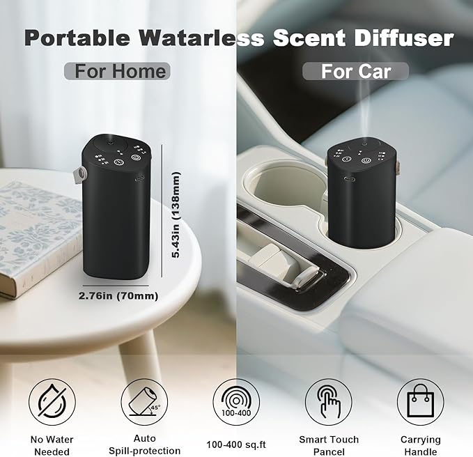 Car Waterless Essential Oil Diffuser with Handle, Timer (1/3/6H & Off), L/M/H Mist, Small Scent Aromatherapy Diffuser, Rechargeable Portable Cordless Air Aroma Diffuser for Home Office Bathroom, Black