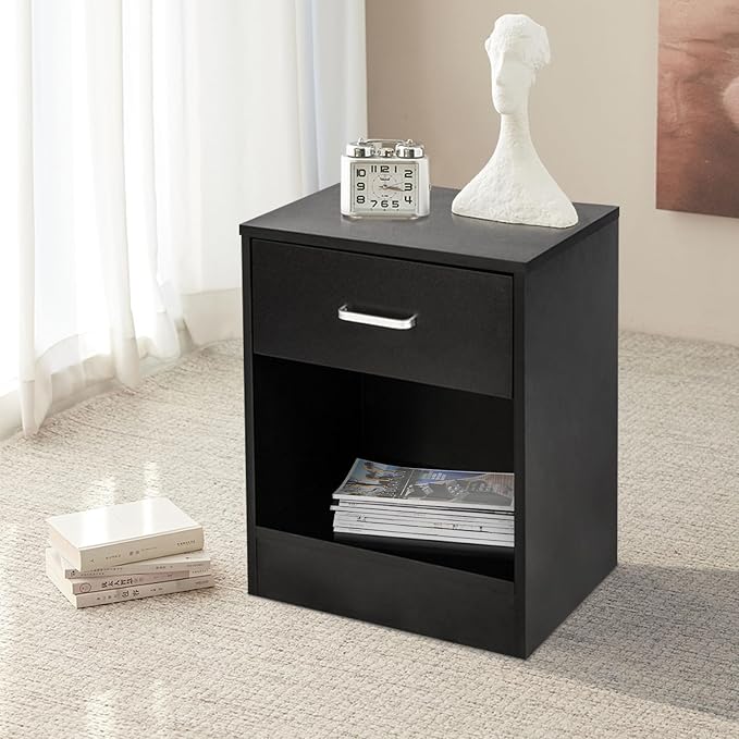 Karl home Nightstand Set of 2, Wood Nightstand for Bedroom, Bedside Table Set 2 with Open Shelf, Modern Night Stand Set of 2, End Table, Black