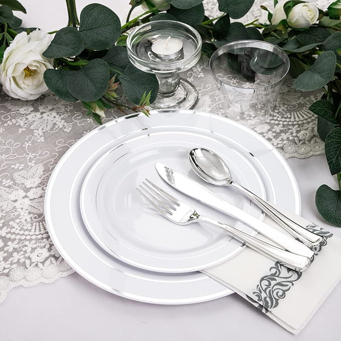 bUCLA 350PCS Silver Plastic Dinnerware Set for 50 Guests - Silver Plates Disposable Include 50 Dinner & 50 Dessert Plates,50 Forks,50 Knives,50 Spoons,50 Cups,50 Napkins for Party