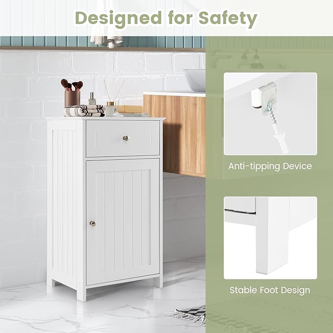Tangkula Small Bathroom Cabinet for Small Spaces, Freestanding Single Door Bathroom Storage with Adjustable Shelf, Anti-Tipping Device, Smooth Drawer, Floor Cabinet for Living Room