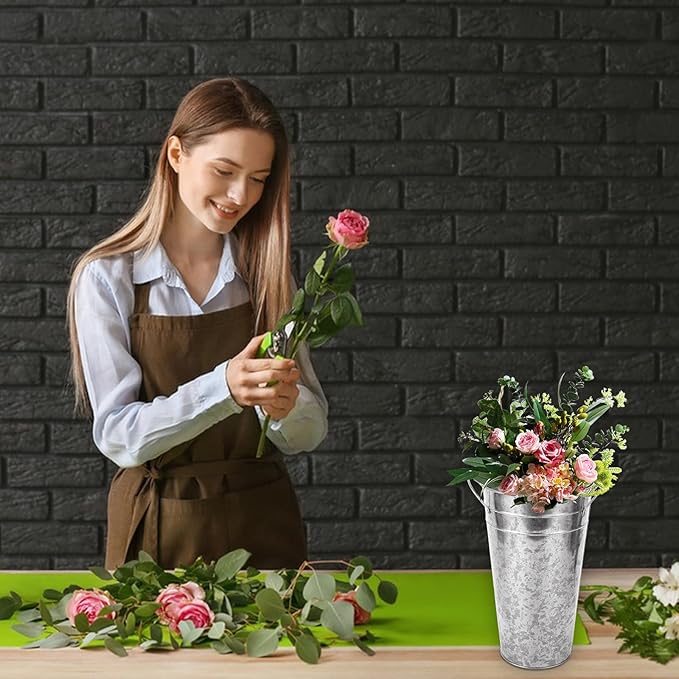 4 PCS Flower Buckets Bulk 12 Inch Galvanized Flower Bucket Metal Flower Vase with Handle, Metal Bucket Planter Floral Container for Flowers Arrangements Table Centerpiece Weddings Home (Silver)