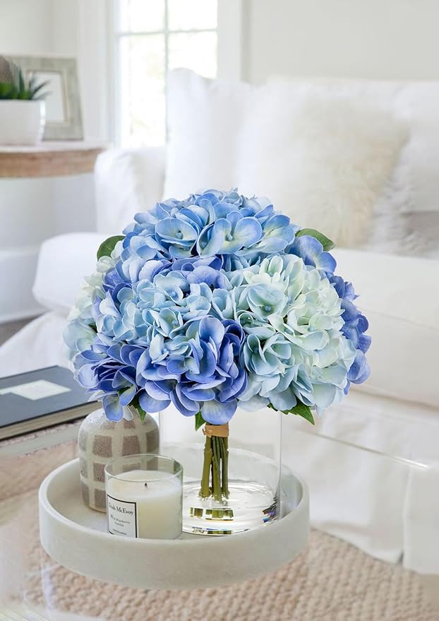 Hollyone Blue Hydrangea Artificial Flowers in Vase Latex Real Touch Large Faux Hydrangea Flowers Arrangements Hydrangeas Fake Flower with Glass Vase with Faux Water for Table Centerpiece Home Decor ﻿